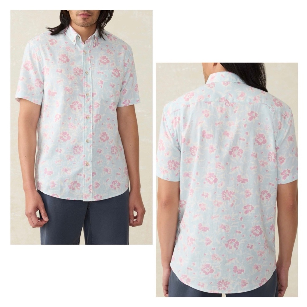 Faherty Men Size M Breeze Shirt Short Sleeve Clear Waters Blossom Floral Blue
